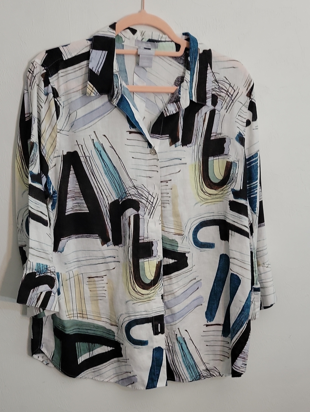 Chico's White Abstract Print Button-Down Shirt with Black and Blue Accents